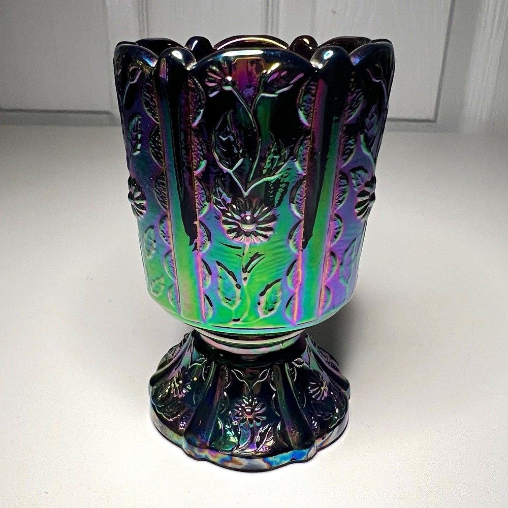 Vintage Fenton Amethyst Carnival Glass Paneled Daisy Pedestal Toothpick Holder